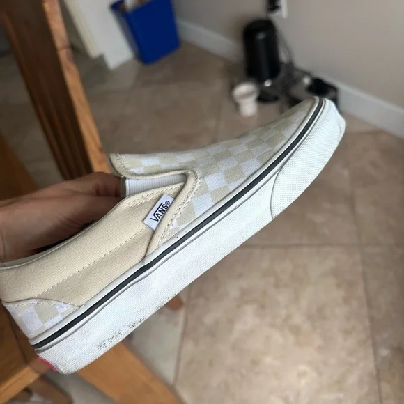 Vans Beige and White Checkered Slip-Ons - Picture 2 of 6
